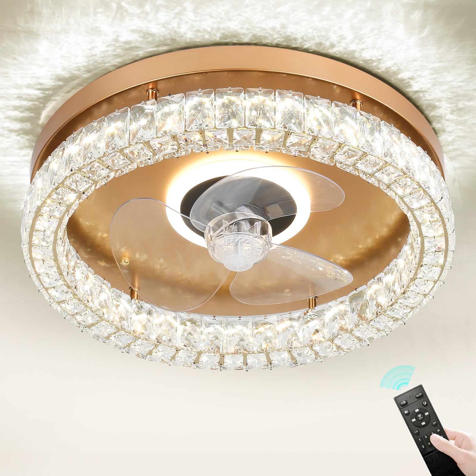 Photo 1 of FRIXCHUR Modern Ceiling Fans with Lights and Remote, Dimmable Low Profile Ceiling Fan,Flush Mount Ceiling Fan Stepless Color Temperature Change and 6 Speeds for Bedroom Living Room (Gold)