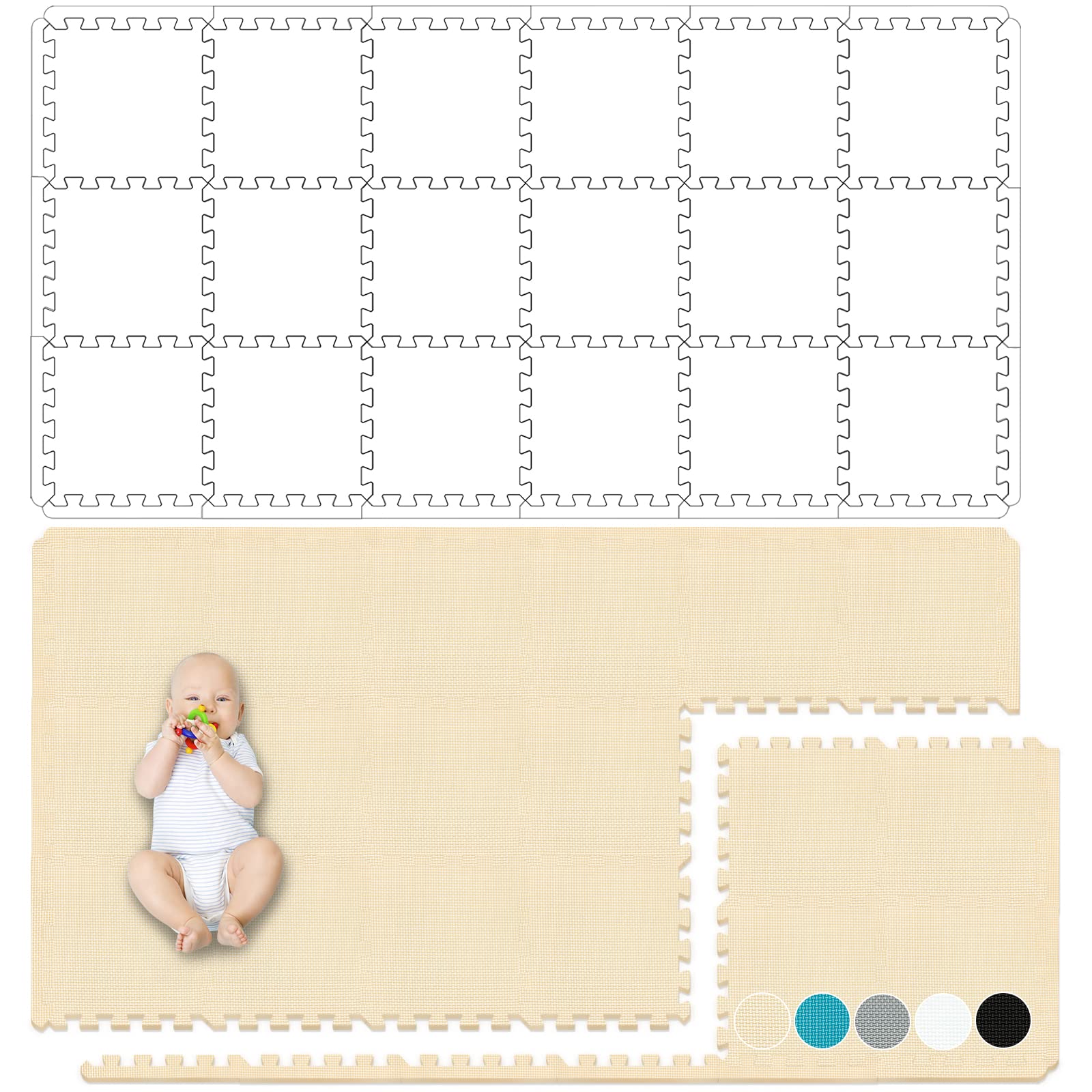 Yostrong® 18 Tiles Interlocking Puzzle Foam Baby Play Mat with Straight Edges for Playing - EVA Babies Crawling Mat | Rubber Floor Work Out Mats for Home Gym. Beige. YOC-Jb18S18