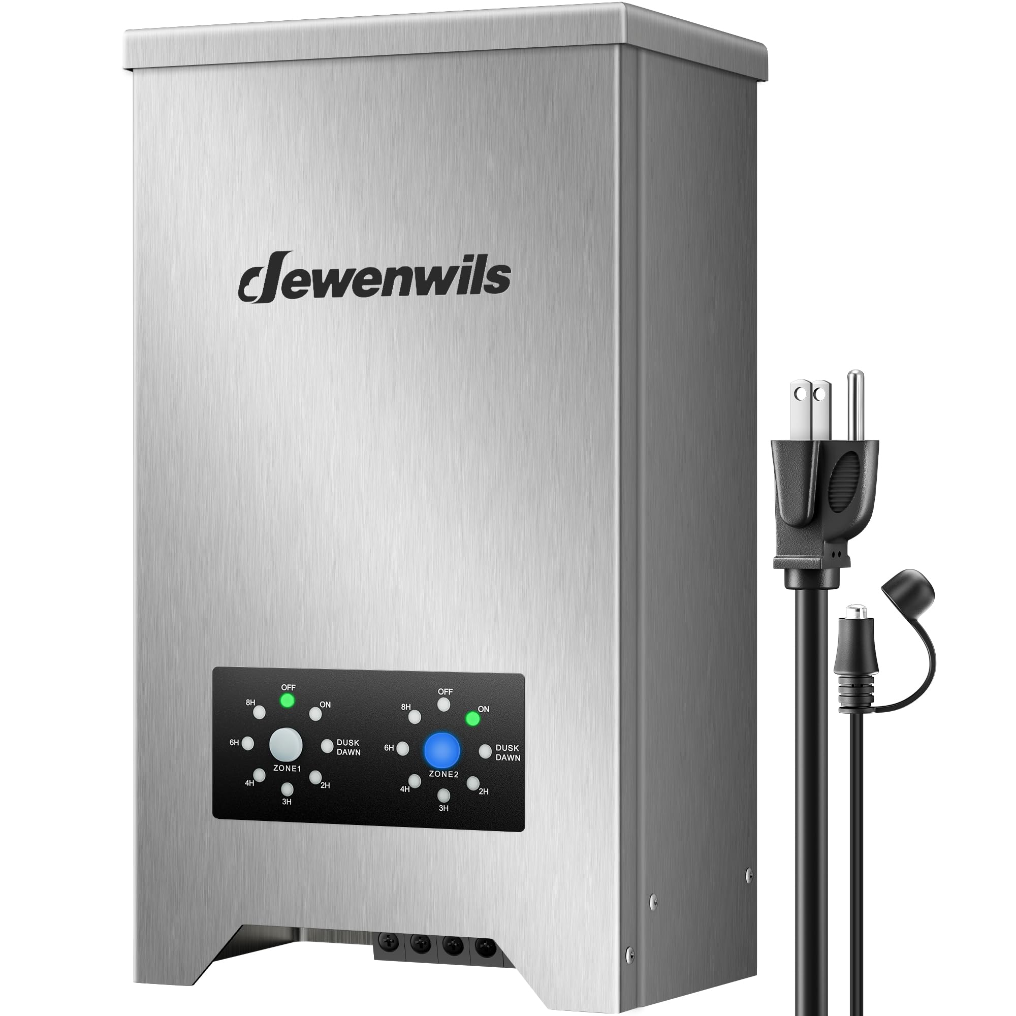 Photo 1 of DEWENWILS 600W Low Voltage Landscape Transformer with 2-Zone, Landscape Lighting Transformer with Photocell Sensor & Countdown Timer, 120V AC to 12V/15 AC, Stainless Steel for Outdoor Light, LED Light