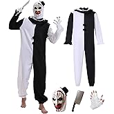 Vezadina 4 Pcs Terrifier 2024 Movie Killer Halloween Costume for Adult Black and White Creepy Jumpsuit Accessories Set