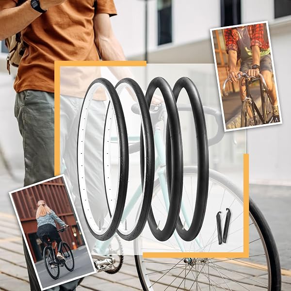 HYCLINE ROAD BIKE TIRES SET: 2-PACK 700X25C(25-622) FOLDING REPLACEMENT PUNCTURE-RESISTANT BICYCLE TIRES AND 2 PCS 700X25-28C INNER TUBES PRESTA VALVE WITH TIRE LEVERS FOR CITY COMMUTER ROAD