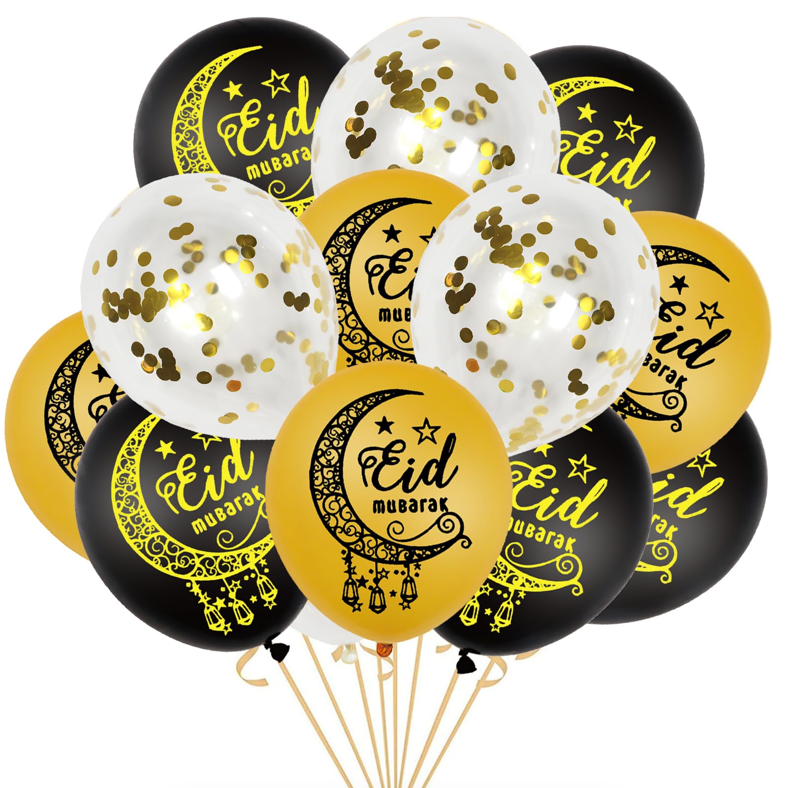 15 Pcs Eid Mubarak Balloons, 12 Inch Helium Balloons (5 Gold, 5 Black, 5 Paper), Muslim Decorating Parties, Gold Ribbon, Perfect for Home, Family, Unisex Adults, Outdoor Party Supplies