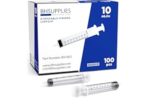 BH Supplies 10ml Luer Slip Tip Syringes (No Needle) - Sterile, Individually Wrapped - 100 Syringes