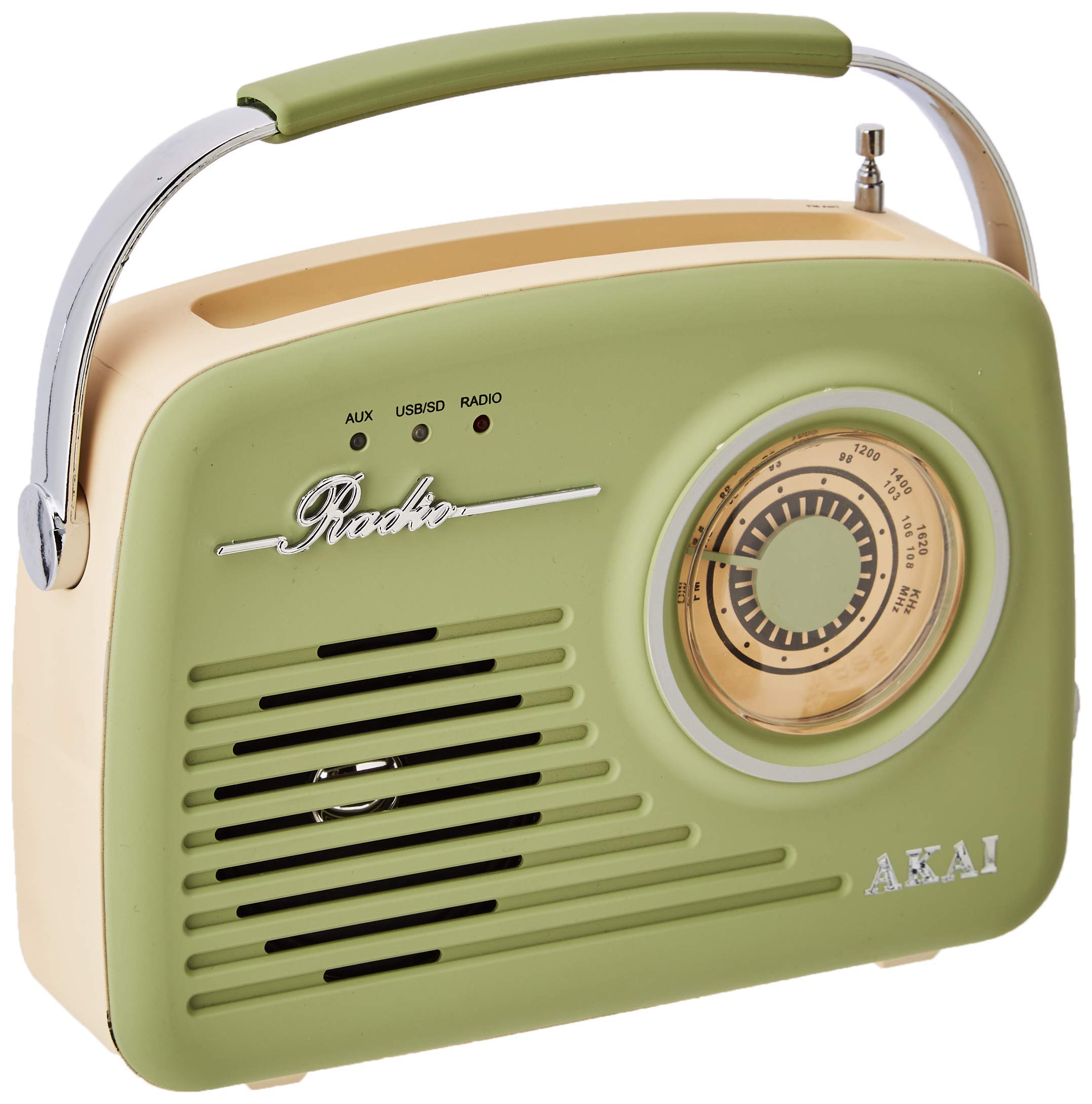 Akai A60014VSG Vintage Radio with AM and FM Radio Functions, Built-in USB, Crystal Clear 5 W Mono Speaker, 220 V/50 Hz, Battery or Mains Powered, Rubberised Finish, Sage Green