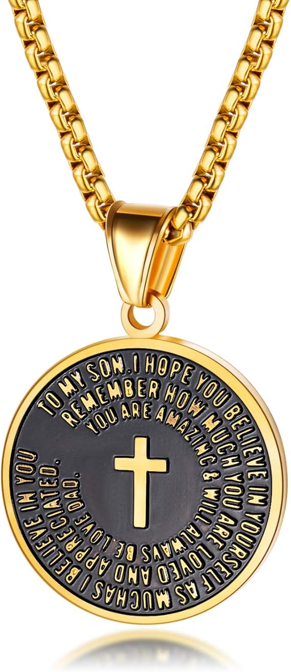 Amazon Rockyu メンズ ネックレス ゴールド クロス 十字架 経文 刻印 コインネックレス サークル ペンダント 316ｌステンレスチェーン 55cm 金属アレルギー対応 ジュエリー 通販