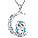 YAFEINI Owl Necklace Sterling Silver Moon Birthstone Owl Pendant Necklaces Jewelry Gift for Women
