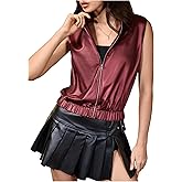 BEAUDRM Women's Metallic Zip Front Mock Neck Collar Crop Tank Top Sleeveless Vest Jacket