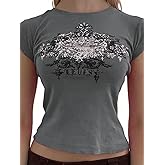 Xineicy Crop Tops for Women Short Sleeve Crew Neck 2000s Graphic Baby Tees Vintage Grunge Y2k Shirts