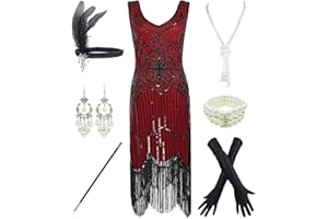 ESRTYERYH WOMEN COSTUME 1920s Gatsby Sequin Fringed Paisley Flapper Dress with 20s Accessories Set