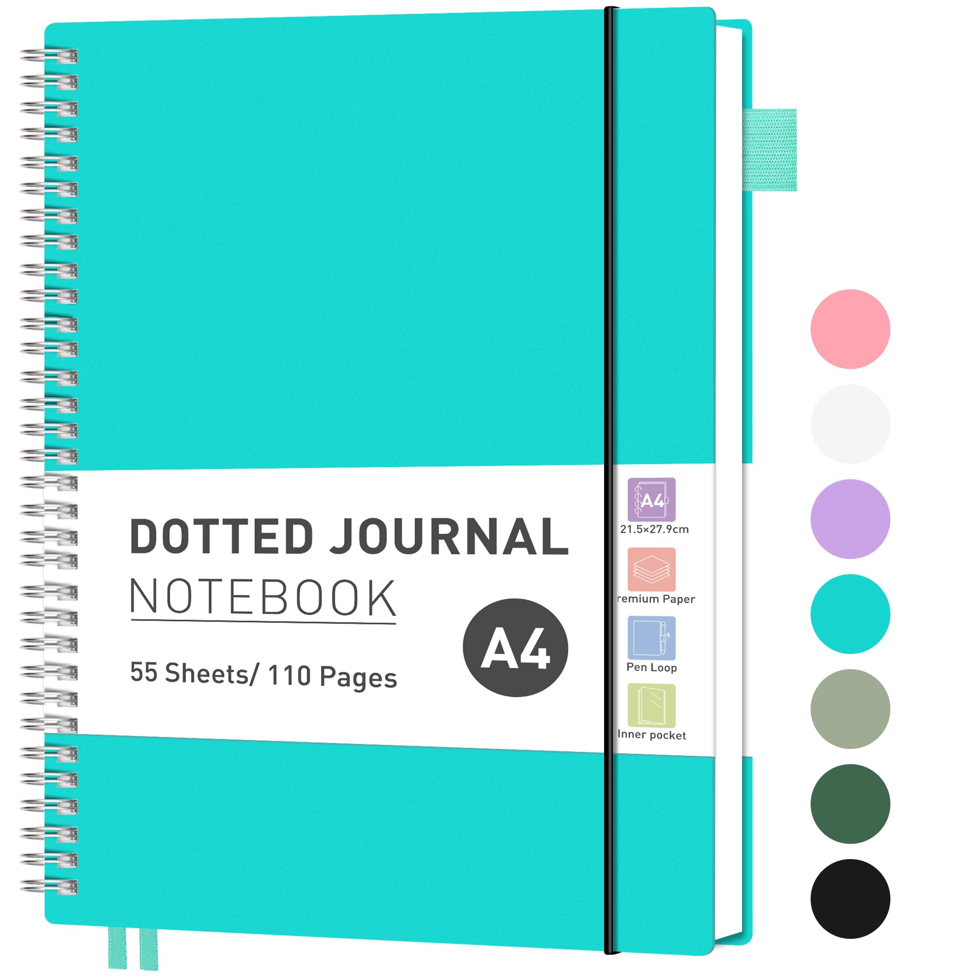 RETTACY A4 Notebook Bullet Dot Journal, Grid Dotted Notebook 110Pages /55 Sheets for Writing,Notepad with PVC Pocket, Pen Loop, Ruler, Bookmark for Women Work Office School, 21.5 x 27.9cm- Turquoise