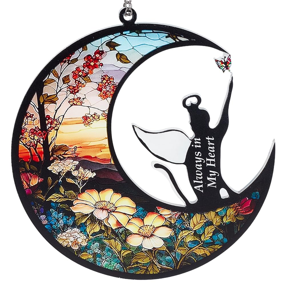 CREATCABIN Cat on Moon Suncatcher Glass Stained Window Hangings Decor Acrylic Flower Wall Art Decor Glass Window Panel Sun Catcher Ornament Double Side Memorial Gifts for Cat Lovers Garden 17x16cm
