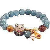 sunglnl Lucky Cat Bracelet for Women, Blue Crystal Feng Shui Good Luck Jade Jewelry Ceramic Cat Pendant for Wealth Protection Motivational Positive Energy Meaningful Gift