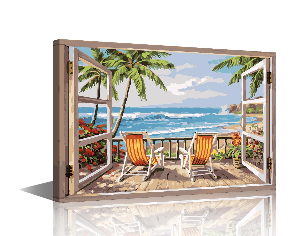 TISHIRON Canvas Wall Art Living Room Wall Decor Window View Art Prints Beach View Pictures Artwork for Walls Wall Art for Living Room Vintage Wall Art Paintings Ready to Hang (24x16in)