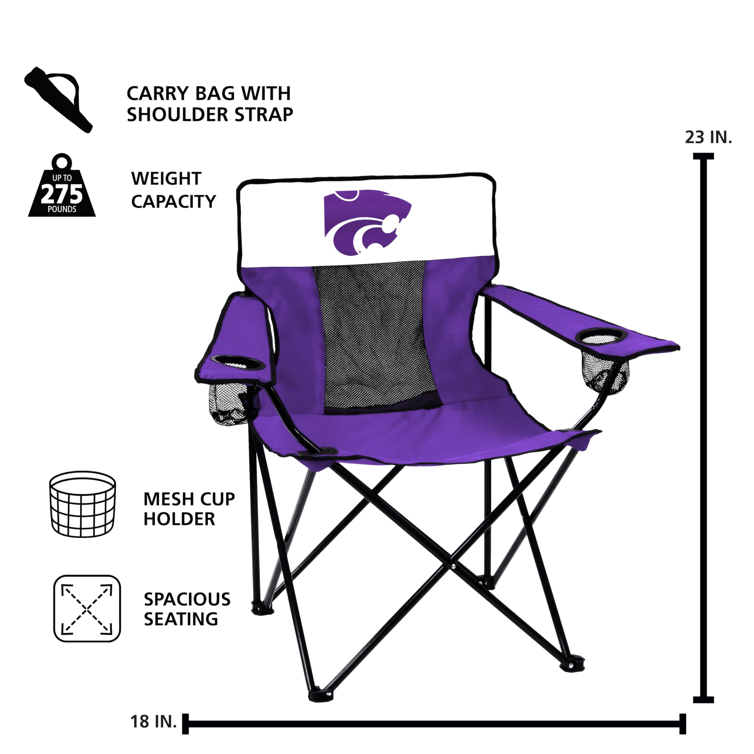 Logo Brands NCAA Kansas State Wildcats Elite Portable Chair - Premium Outdoor Chair with Cup Holder, Powder-Coated Steel Frame, Lightweight and Portable for Tailgating,and Sporting Events