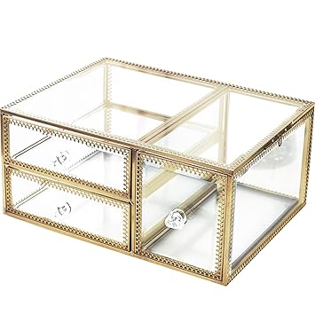 Antik Stapelbar Geraumiges Glas Make Up Box Schublade Organizer Kommode Kosmetik Aufbewahrung Jewelry Schale Bad Accessoires Set Display Halterung Fur Vanity Halskette Ohrringe Parfums Pinsel Gold Klar Amazon De Beauty