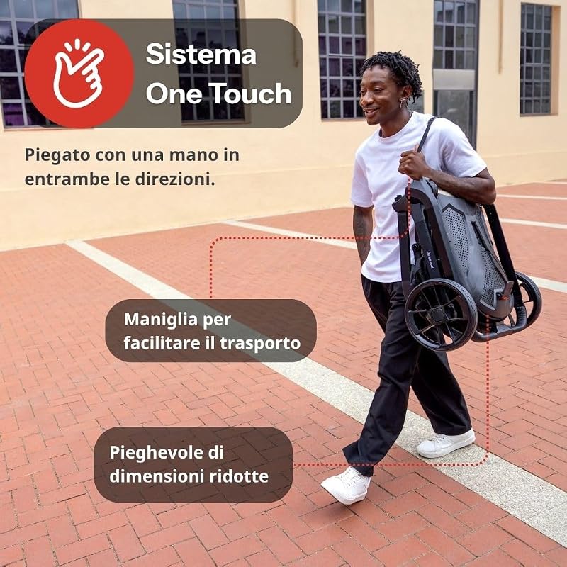 Kombo, Passeggino 2 in 1 con Navicella Rigida Rialzabile e Seduta Reversibile, Chiusura Automatica con una Mano, dalla Nascita fino a 22 kg, Grigio