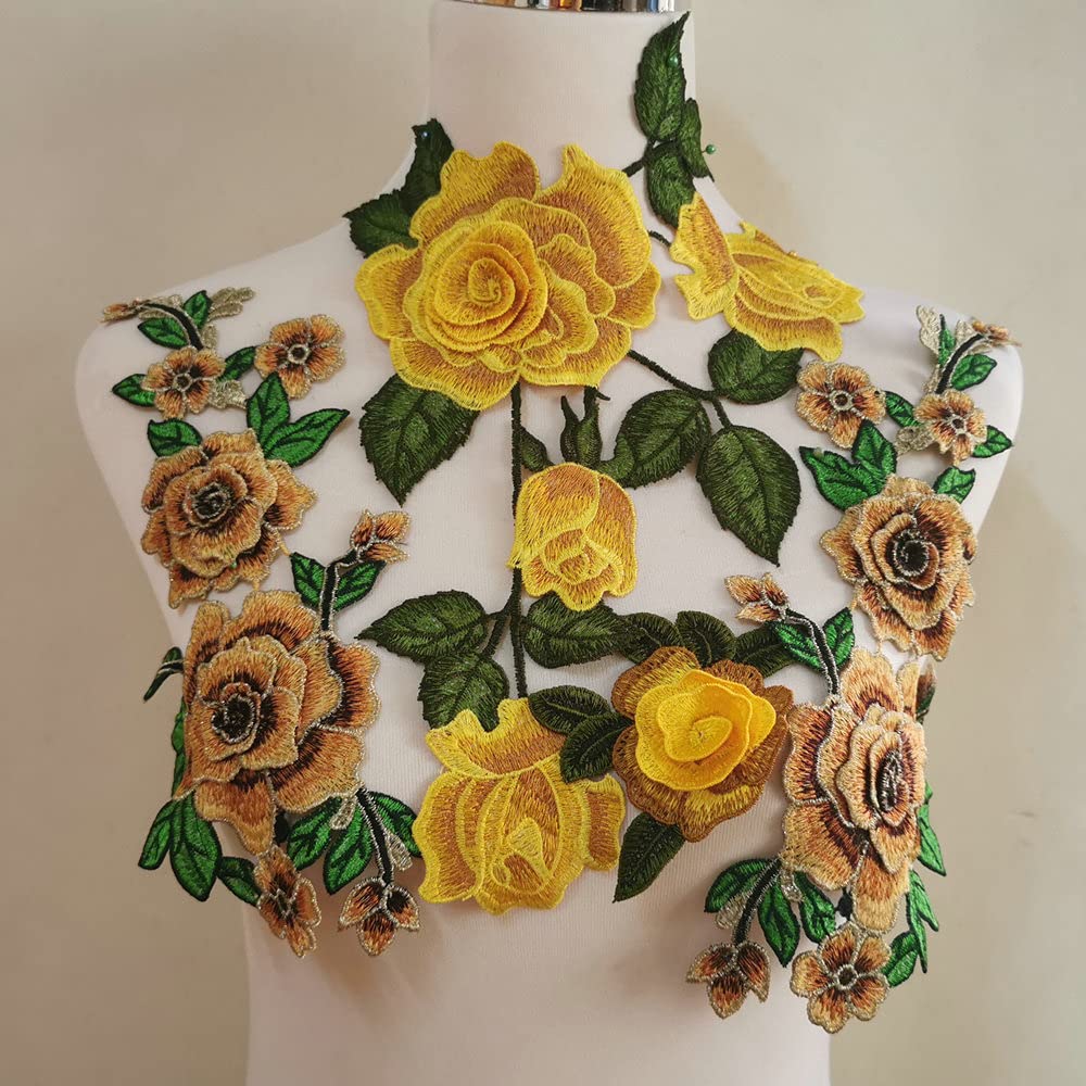 4 Pcs Embroidery Rose Flower Sew On Patch Dress Hat Bag Jeans Applique Crafts Clothing Accessories DIY (Coffee Yellow)