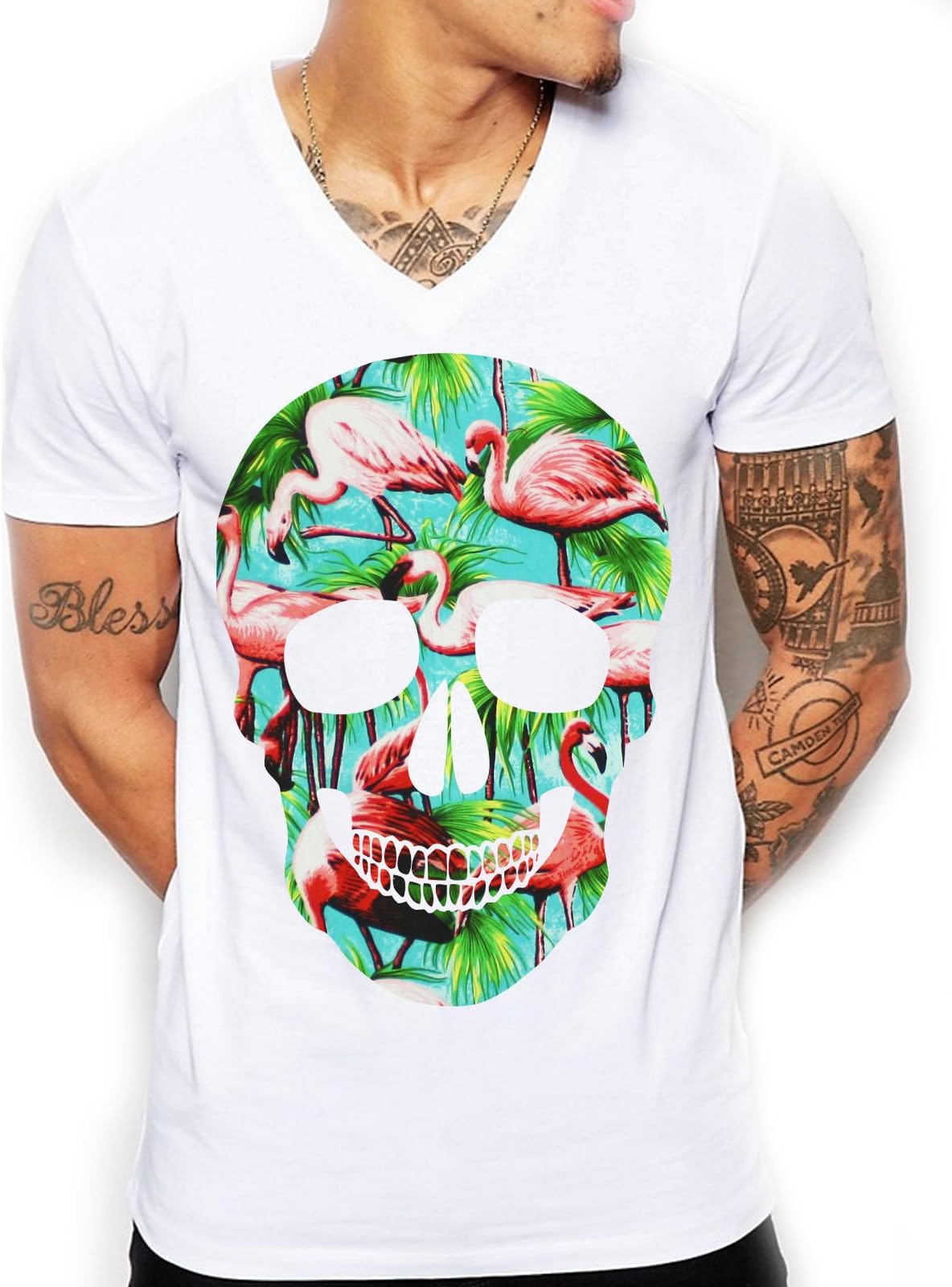 InctMen's Flamingo T-Shirt, Skull T-Shirt - V-Neck T-Shirt, White Summer Mens Shirt, Skull T-Shirt