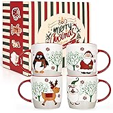 YHRJWN Christmas Mugs Set of 4, Merry Christmas Coffee Mugs with Reindeer, Santa, Snowman, Penguin Designs, Holiday Gifts for Family & Friends, 11 Oz