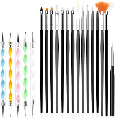 URAQT Nail Art Brushes Set 15pc & 5pc Dotting Tools DIY Professional Kit Black