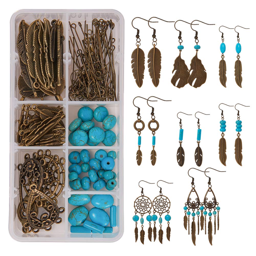SUNNYCLUE 1 Box DIY 8 Pairs Bohemian Feather Dream Catcher Dangle Hook Earrings Making Starter Kit with Turquoise Beads Jewellery Making Accessories Supplies Women Adults Beginners, Antique Bronze