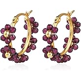 TaYolnFaSo Natural Gemstone Flower Beaded Hoop Earrings 18K Gold-Plated Handmade Garnet Amethyst Floral Hoop Earring Turquoise Jewelry Valentine's Day Birthday Gift for Women