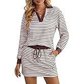 ATOFY Women's 2 Piece Outfits Striped Polo Sweatshirt Skirt Sets Long Sleeve Workout Skorts Set with Pockets Built In Skorts