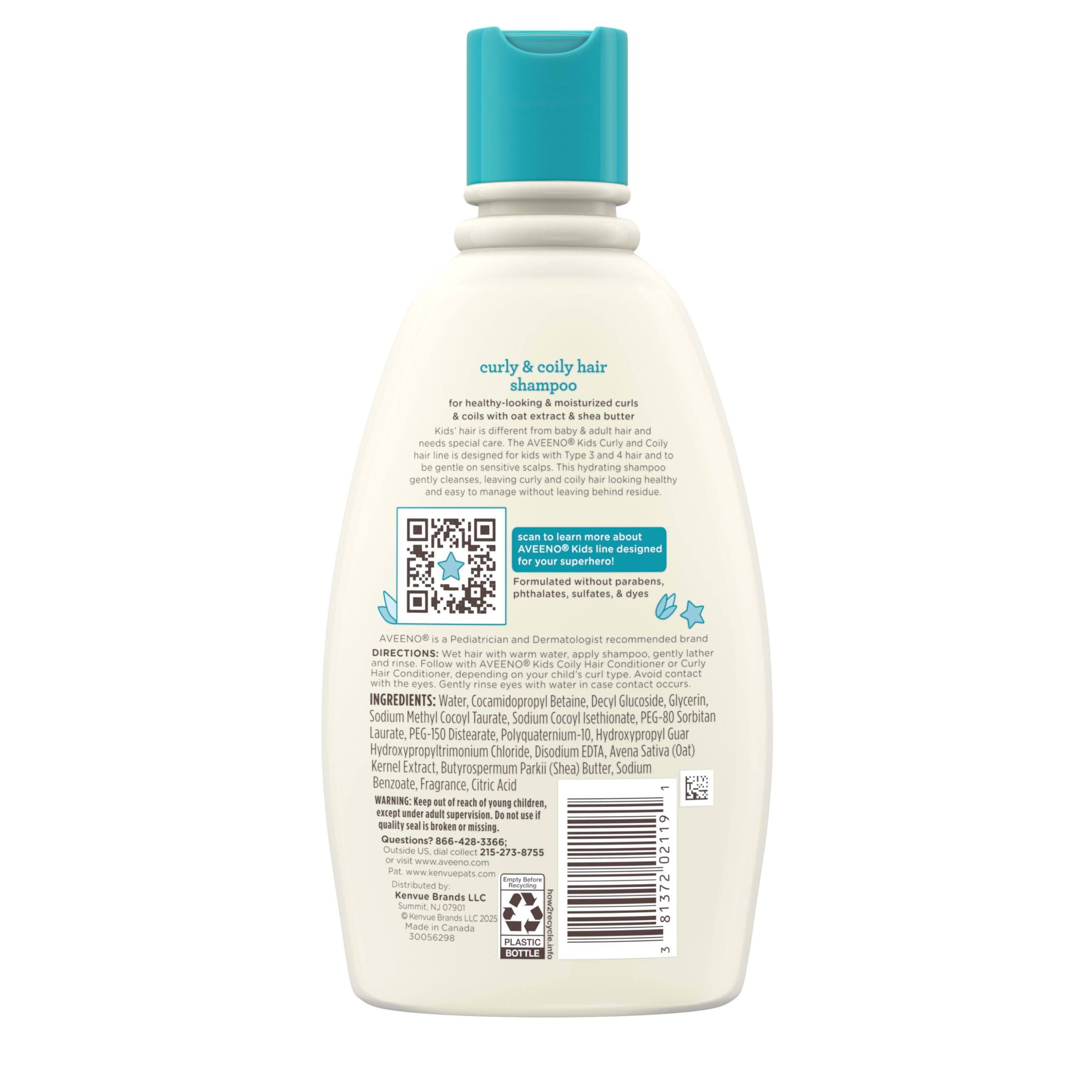 Aveeno Kids Curly & Coily Hair Shampoo, Hydrating Shampoo for Type 3 & 4 Hair, Kids Curly Hair Products suitable for Sensitive Scalps with Oat Extract & Shea Butter, Paraben-Free, 12 fl. oz