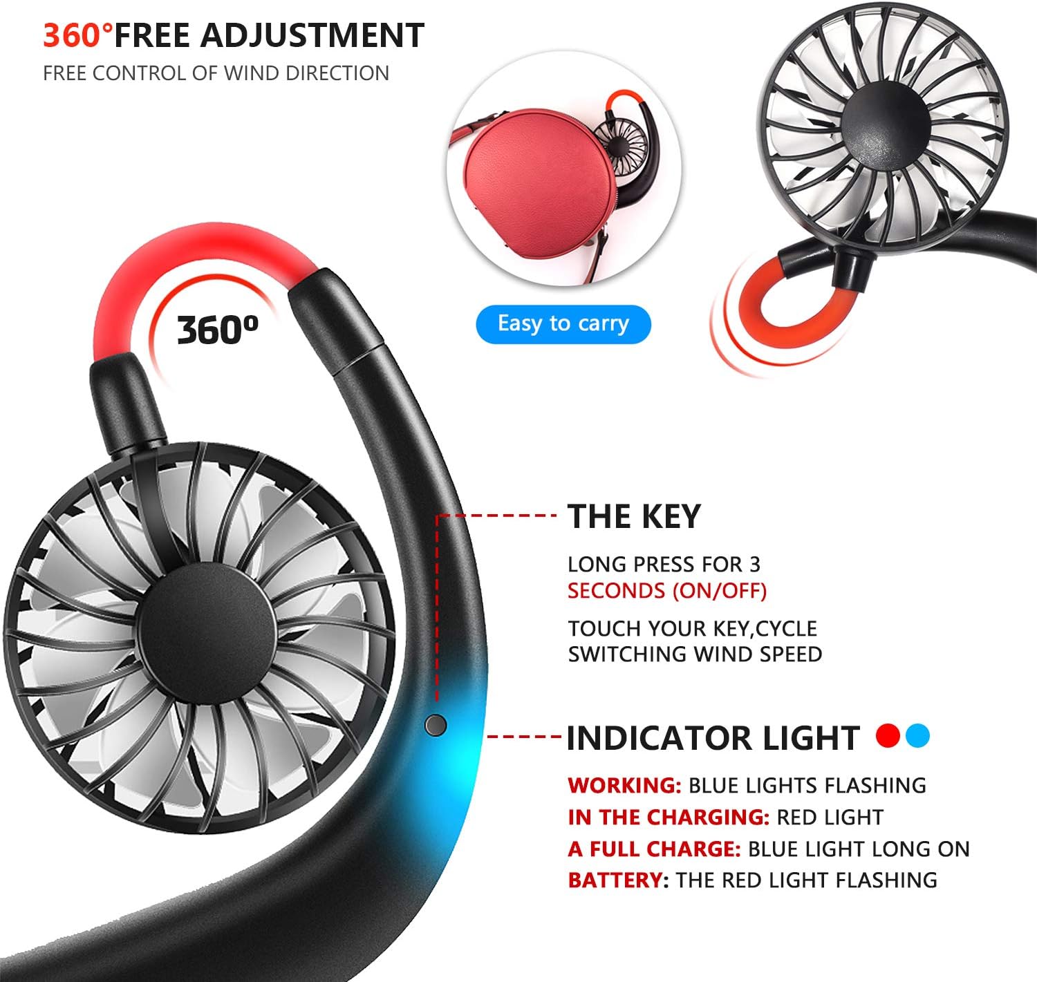 Portable Neck Fan, Hand Free Personal Mini Fans USB Rechargeable,360 Degree Free Rotation for Traveling, Sports, Office, Reading (3 Speed Adjustable, Headphone Design) Wearable Neckband Cooler (Black): Sports & Outdoors