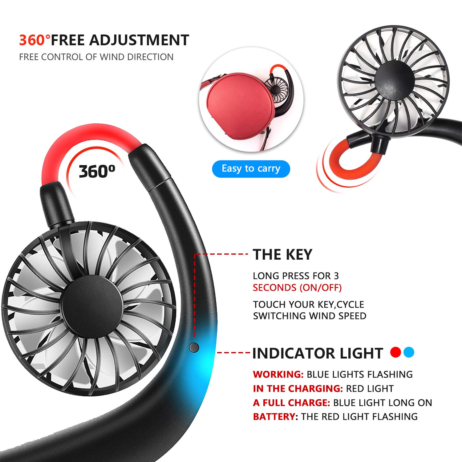 Haomaomao Portable Neck Fan 2500 mAh Rechargeable USB Hands-Free Mini Face Cooling Personal Double Headed Rotatable Small Fan for Working Office Reading Traveling Outdoor Sport