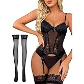 Foxiny Sexy Corset Scallop Floral Lace Mesh Sheer Garter Stockings Lingerie Set 3 Piece