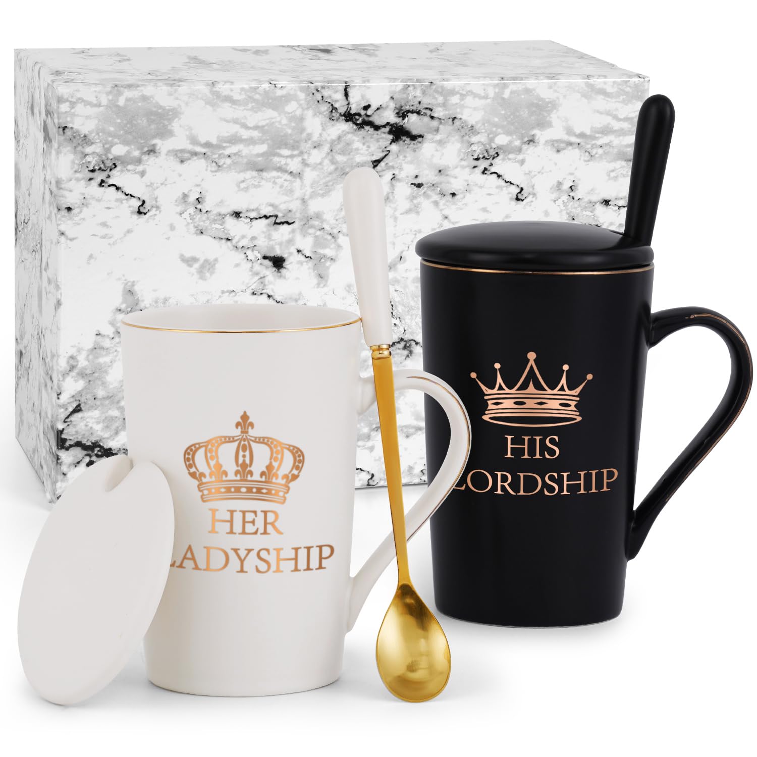Joymaking Gifts for Couple His Lordship & Her Ladyship Coffee Mug Set for Parents Anniversary Wedding Christmas Gifts for Him Her, 14Oz Black-White