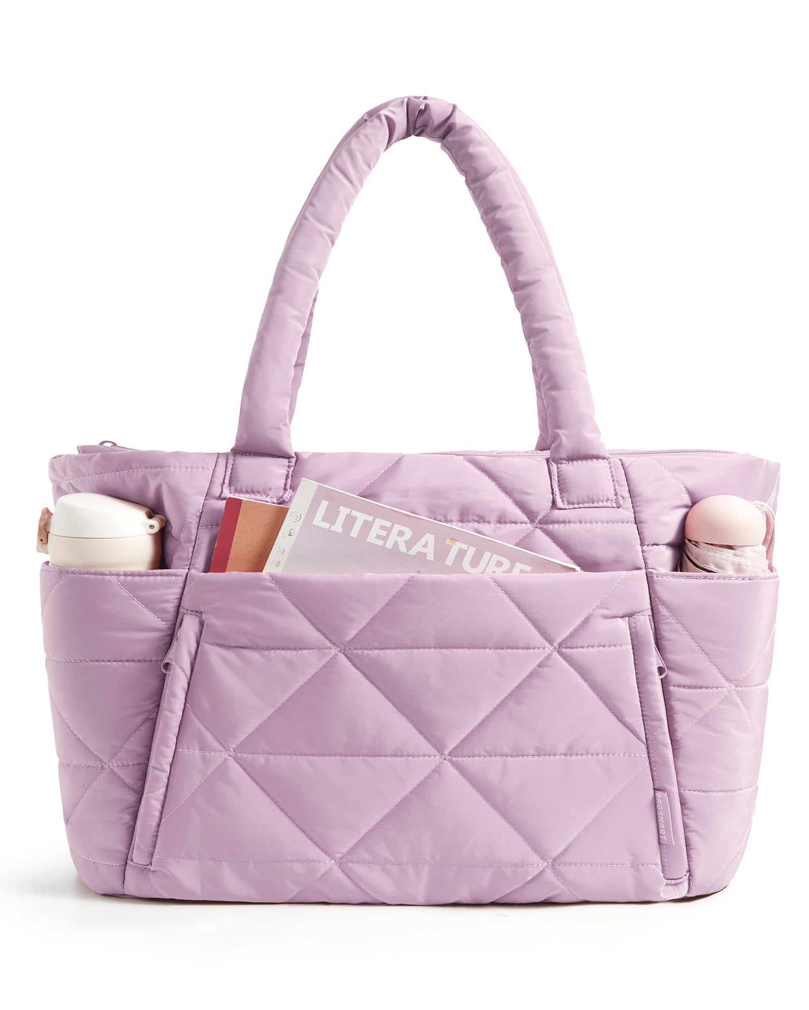 BAGSMART Tote Bag for Women, Puffy Tote Bag with Zipper, Large Quilted Shoulder Bag with Compartments for Travel, Work, Gym (Purple) Image