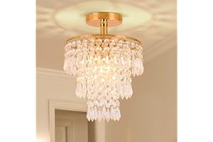 FRIXCHUR Mini Size Crystal Chandelier Modern Flush Mount Ceiling Light 3 Tiers Raindrops Crystal Pendant Lighting Fixture Decoration for Bedroom Hallway Living Room,E26 Base,Gold