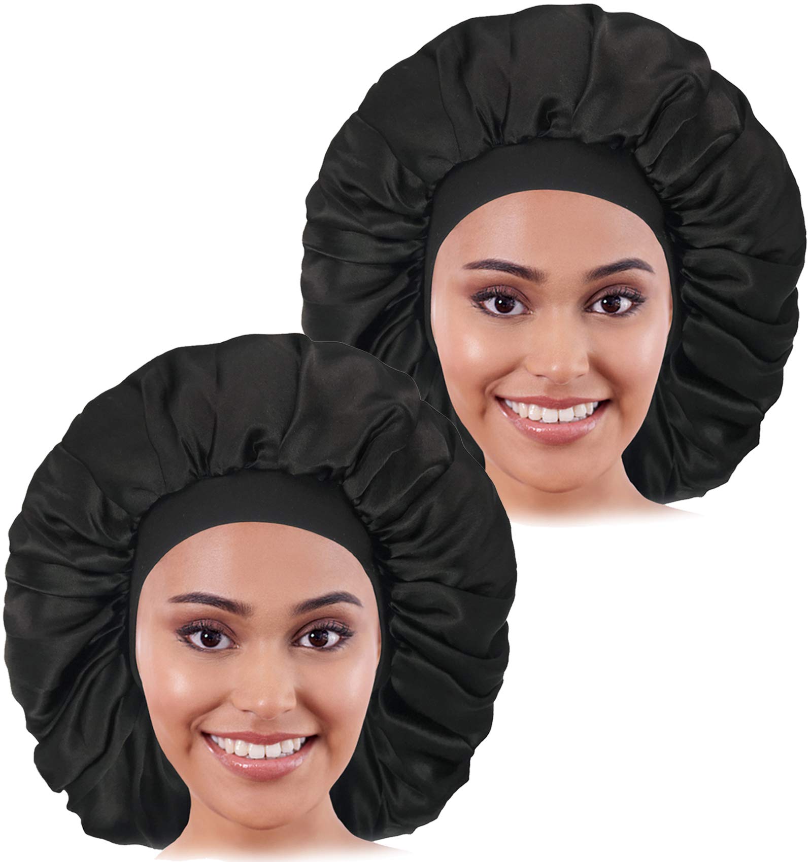 2PCS Large Satin Bonnet, Raibaubl Silk Bonnet With Elastic Soft Band, Big sleep cap For Women Hair Care, Jumbo Bonnet For Braids Natural Long Hair, Curly Hair (Black+Black)