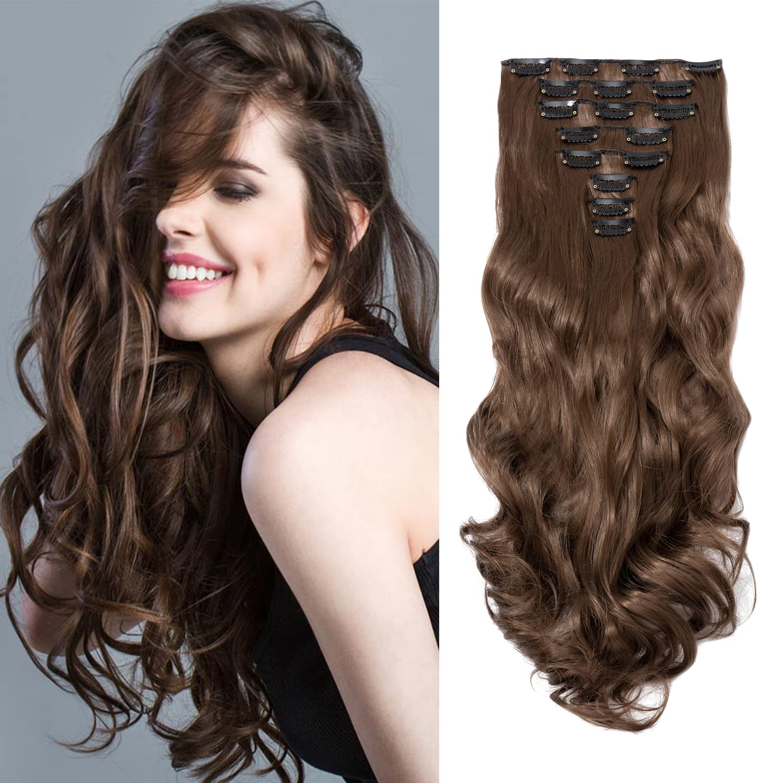 Clip in Hair Extensions Curly Wavy 8 Pieces Golden Brown Clip on Hairpieces Long Synthetic Hair Extension 8PCS for Women Heat Resistent Full Head