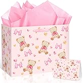Pink Bear Baby Shower Birthday Gift Bag Large Bear Gift Bag with Handles Tissue Paper Greeting Card Pink Bow Treat Candy Bag for Girls Newborn Gender Reveal Women Birthday Party Supplies Decorations