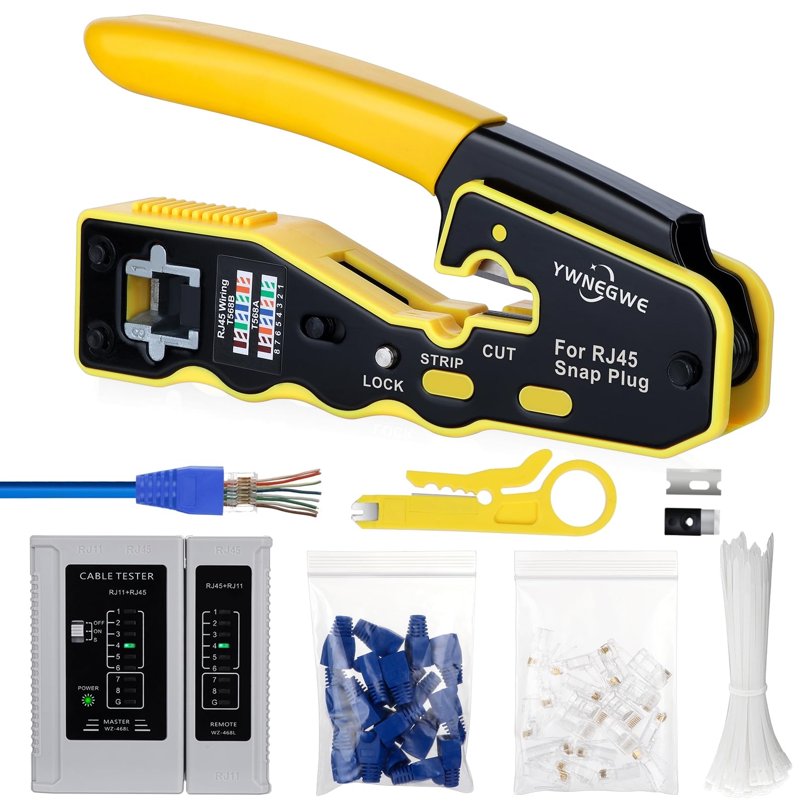Photo 1 of RJ45 Crimp Tool Kit Pass Through Ethernet Crimper for Cat5e Cat6 Cat6a 8P8C Modular Plugs,Cat6 Crimping Tool with 20 Connectors,20 Covers,1 Mini Stripper,100 Cable Zip Ties,1 Cable Tester, 2 Blades