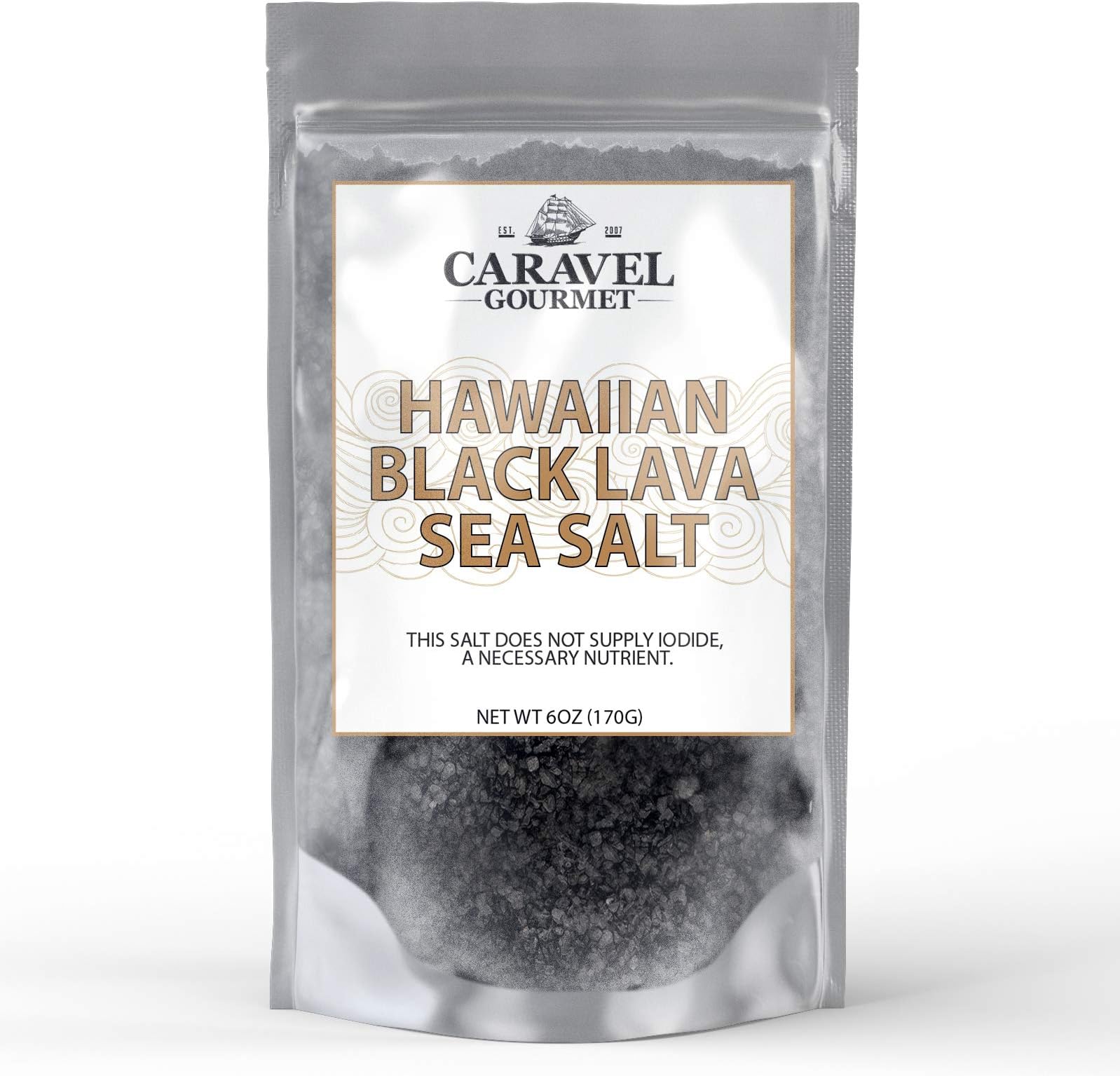 Caravel Gourmet Hawaiian Black Lava Sea Salt 6 Ounce Refill Pouch - All-Natural Unrefined Hawaiian Sea Salt Infused with Activated Charcoal - Gorgeous Finishing Salt - No Gluten, No MSG, Non-GMO -