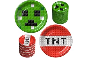 AFZMON Pixel Party Plates- 50 Pack 7’’ Disposable Round Paper Cake Plates, Pixel Miner Game Themed Birthday Party Supplies Decorations Tableware for Kids Baby Shower