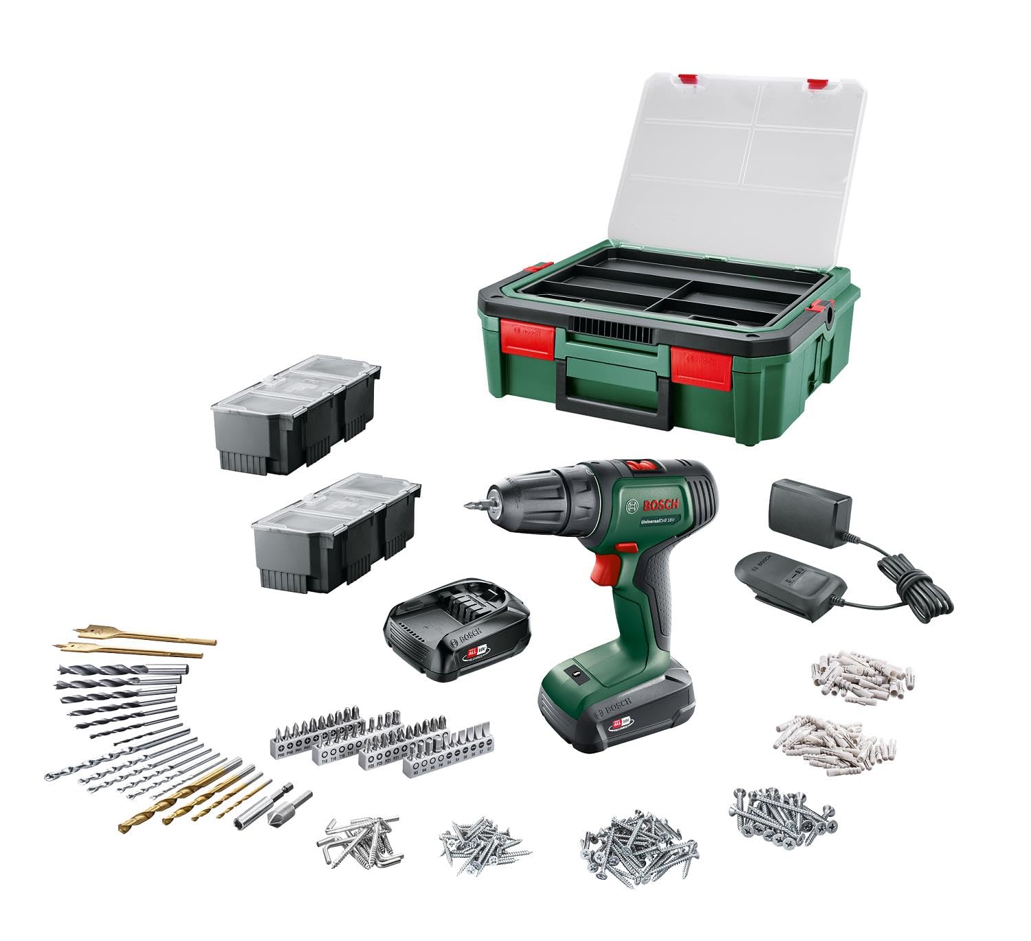 Bosch Perceuse-Visseuse Universaldrill 18 (2 Batteries 1,5 Ah + Systembox + 241 Accessoires)