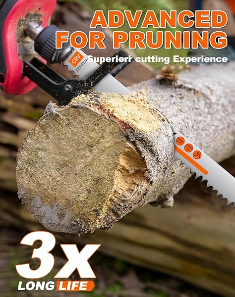8 PACK 12 INCH 5 TPI WOOD PRUNING RECIPROCATING SAW BLADES FOR TREE TRIMMING AND WET WOOD CUTTING, CR-V SAWZALL BLADES WITH FLEAM-GROUND TEETH FOR LONGER LIFE AND FASTER CUTTING SPEED, 1 X HANDLE