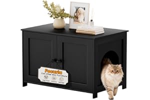 Fecuria Cat Litter Box Enclosure Furniture Dog Proof, Hidden Kitty Washroom Cabinet Low Entry, Wooden Cat Boxes Enclosure Odor Control for Home, Farmhouse Style Decorative TV Stand with Storage, Black