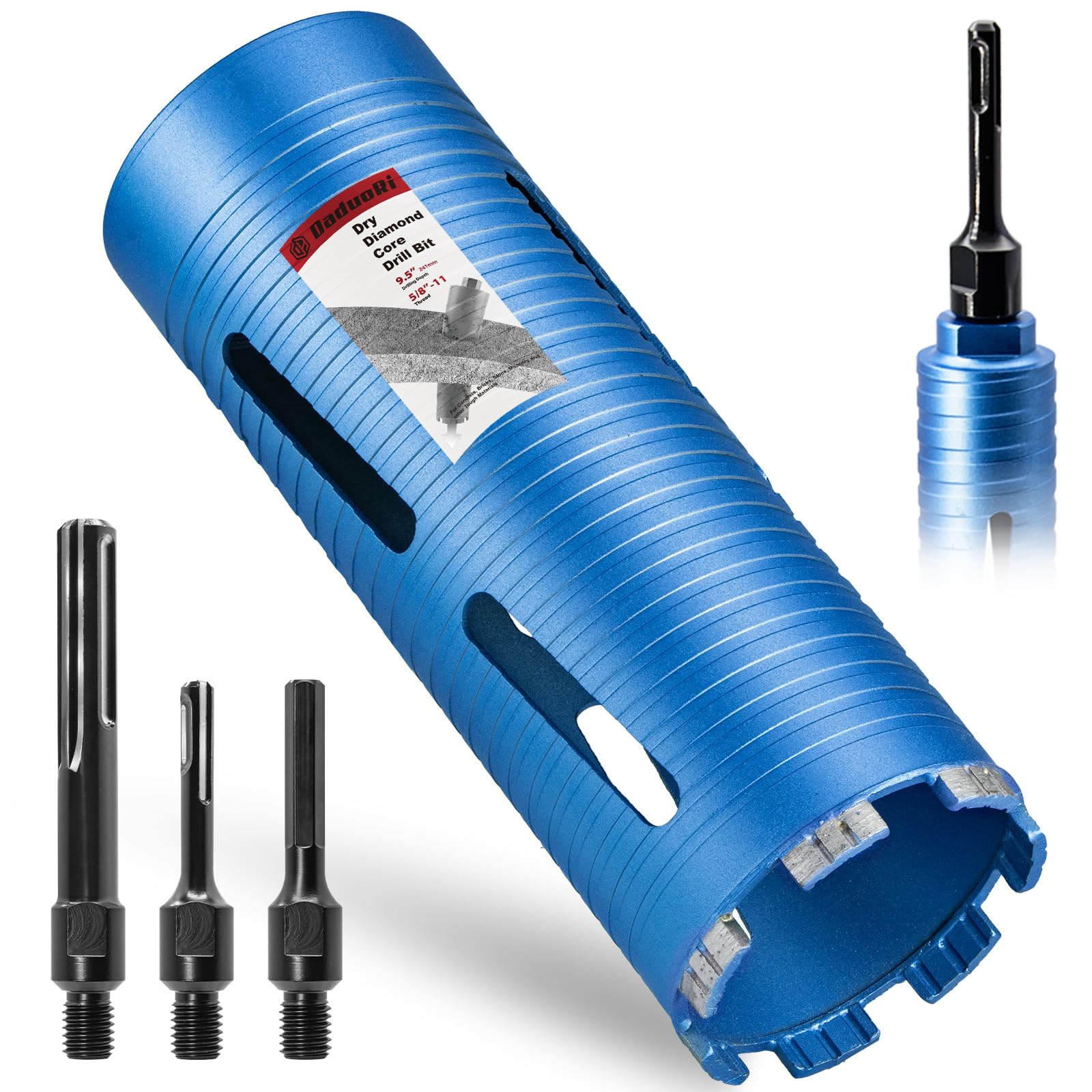 Photo 1 of DaduoRi 3 1/2" Dry Core Drill Bit, 5/8"-11 Thread, with 3 Adapters Included: SDS Plus, SDS Max and 1/2" Hex Shank, 9.5" Drilling Depth, 3.5 Inch Core Bit for Concrete Masonry Brick Block Stucco