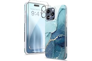 GVIEWIN for iPhone 15 Pro Max Case 6.7", Screen Protector+Camera Lens Protector, Shockproof Drop Protection, Marble Design Slim Soft TPU for iPhone 15 ProMax Women Phone Cover(Navy Blue)
