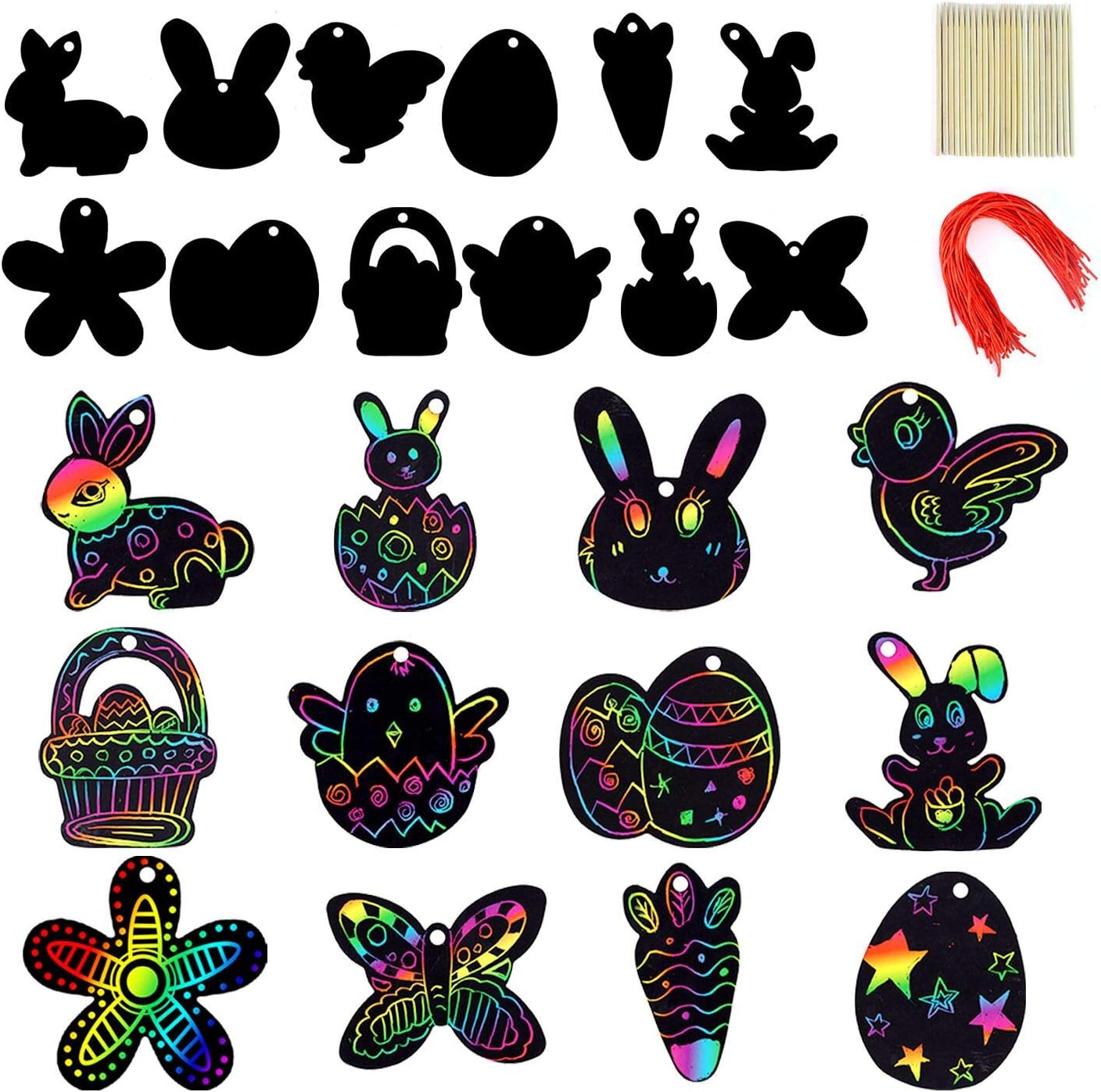 72 Pcs Easter Scratch Paper Set (12 Designs) Rainbow Scratch Art Easter Crafts Kit for Kids with Wooden Stick and Ribbon, Rainbow Color Scratch Ornaments for Home Tree Decor and Easter Party Favors