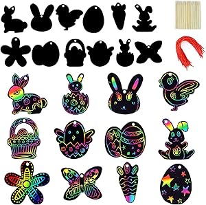 72 Pcs Easter Scratch Paper Set (12 Designs) Rainbow Scratch Art Easter Crafts Kit for Kids with Wooden Stick and Ribbon, Rainbow Color Scratch Ornaments for Home Tree Decor and Easter Party Favors