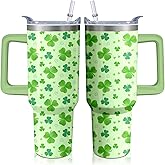 40oz St Patricks Day Tumbler with Handle and Straw, Irish Shamrocks Green Stainless Steel Vacuum Insulated Cup, Travel Mug Water Bottle, Gifts for Women Men