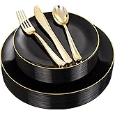 YOUBET 125PCS Black and Gold Plastic Plates - Black Disposable Plates With Gold Rim - Includes 25 Dinner Plates, 25 Dessert Plates, 75 Gold Silverware for Wedding Birthday Party
