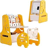 Tiita Kids Art Easel with Stool, 3 in 1 Double-Sided Magnetic Dry Erase Board and Kids Book Rack with Foldable Desktop, Stand